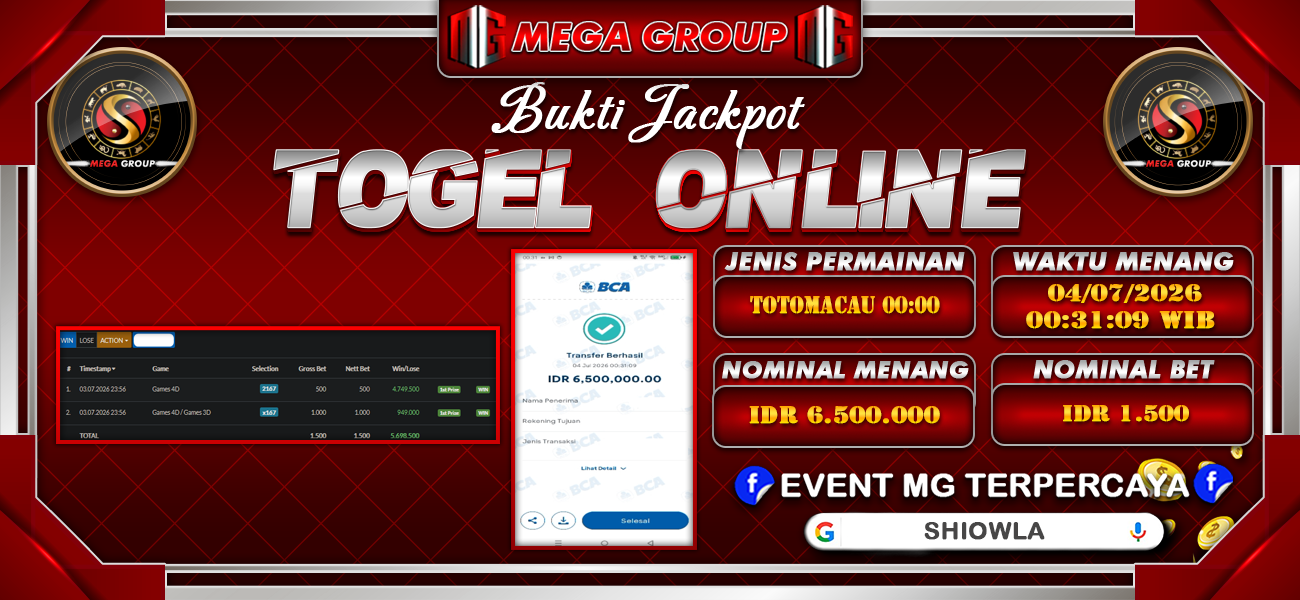 Bukti JP situs Shiowla hari Sabtu, 04 Juli 2026